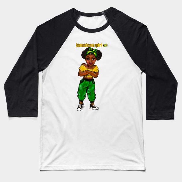 Jamaican girl with crossed arms and colours of Jamaican flag in black green and gold inside a heart shape Baseball T-Shirt by Artonmytee